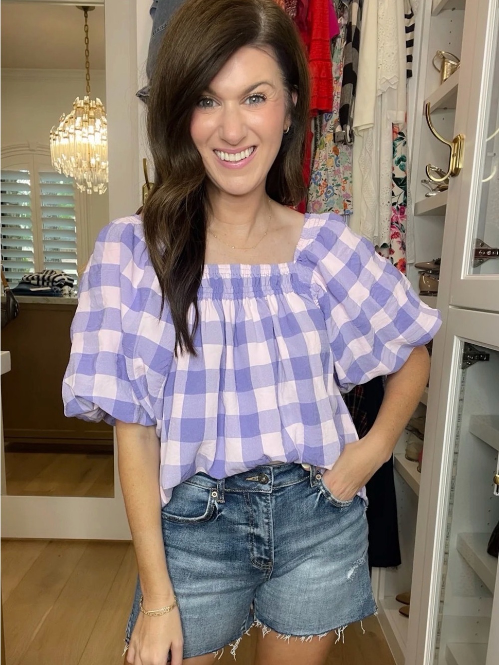 ENTRO Gingham Puff Sleeve Smocked Top Blouse- Medium